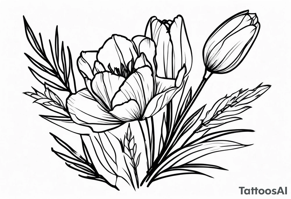 tulip and indian paintbrush flowers in a bouquet with pine branch and willow branch. minimalist, simple bouquet. small. tattoo idea
