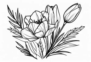 tulip and indian paintbrush flowers in a bouquet with pine branch and willow branch. minimalist, simple bouquet. small. tattoo idea