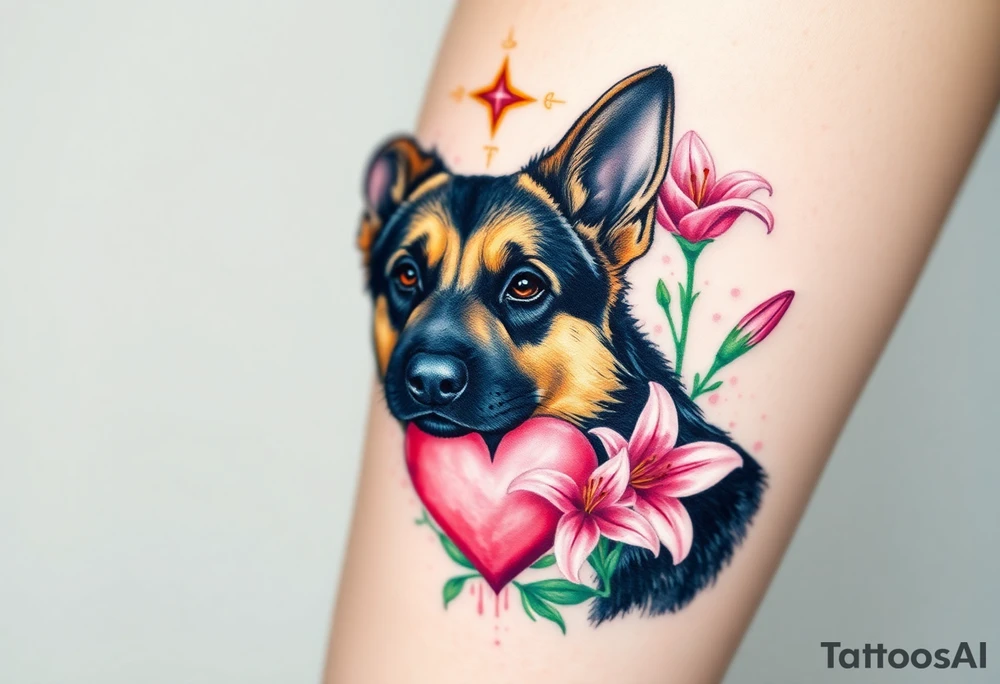 realistic german shepherd looking protective with pink lilies in front of a sacred heart tattoo idea