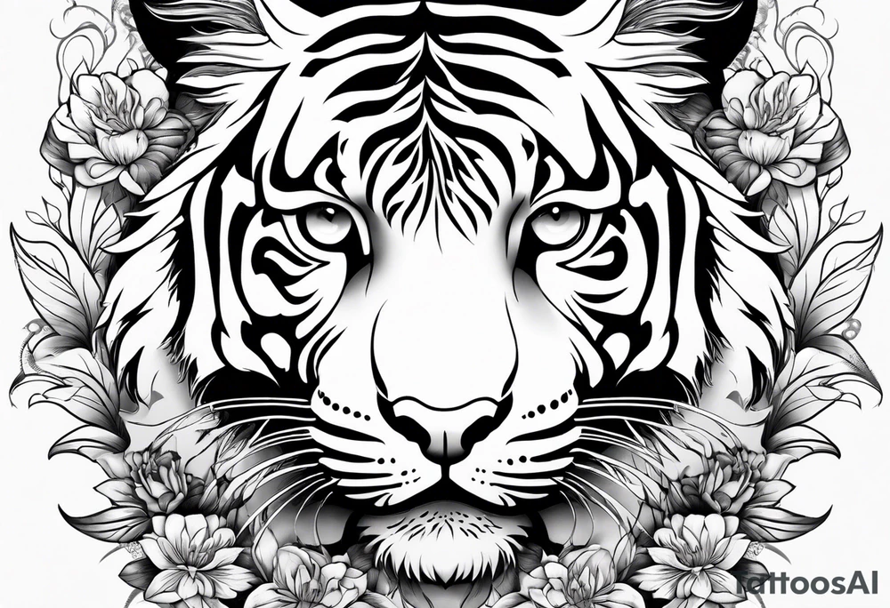 black and white feminine full tiger tattoo with floral design and filigree, feminine tattoo idea