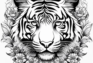 black and white feminine full tiger tattoo with floral design and filigree, feminine tattoo idea