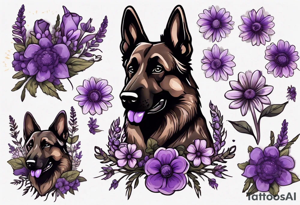 Dark Brown German shepherd portrait surrounded by purple daisies tattoo idea