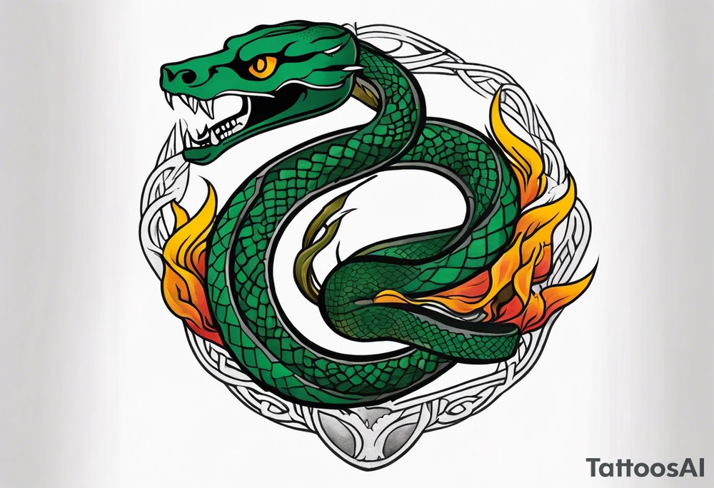 Fire, Slytherin amulet, skull, symbol of the Death Eaters: Nagini snake. tattoo idea