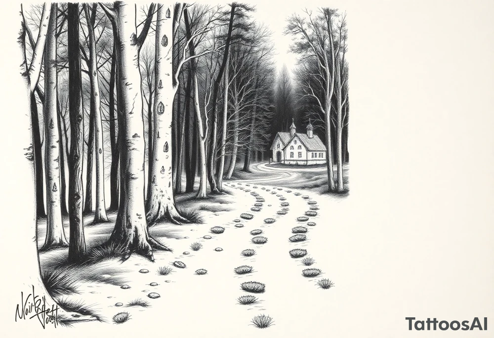 Dunkle Wald Lichtung bei Nacht,  ein Pfad zum Friedhof der im Hintergrund tu sehen ist tattoo idea