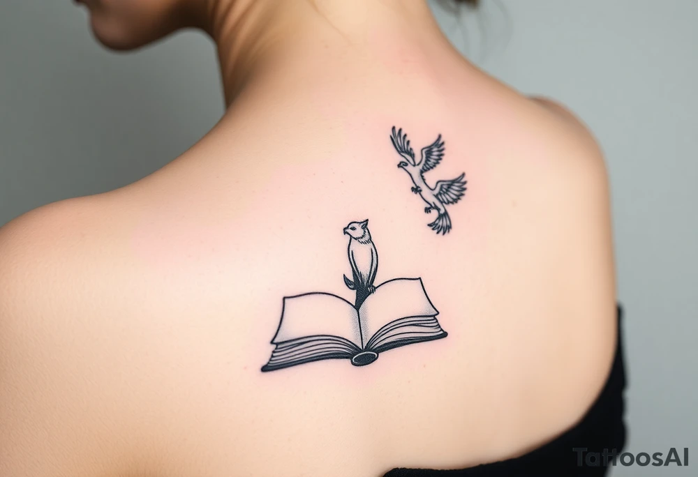 An open book with silhouettes of a werewolf, owl, dragon & phoenix above it tattoo idea