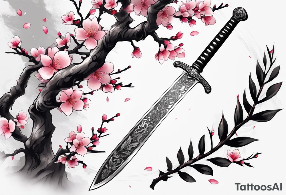 a sword cutting a sakura leaf in half and written on the sword it says Non ducor, duco tattoo idea