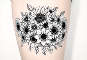 Bouquet of sunflowers, water Lillies, dahlias, marigolds, carnations, hydrangeas, daisys, and chrysanthemums tattoo idea