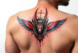 An Anubis with a Halo - Blending Egyptian mythology with Christian spirituality (only red , blue and black are possible colors) tattoo idea