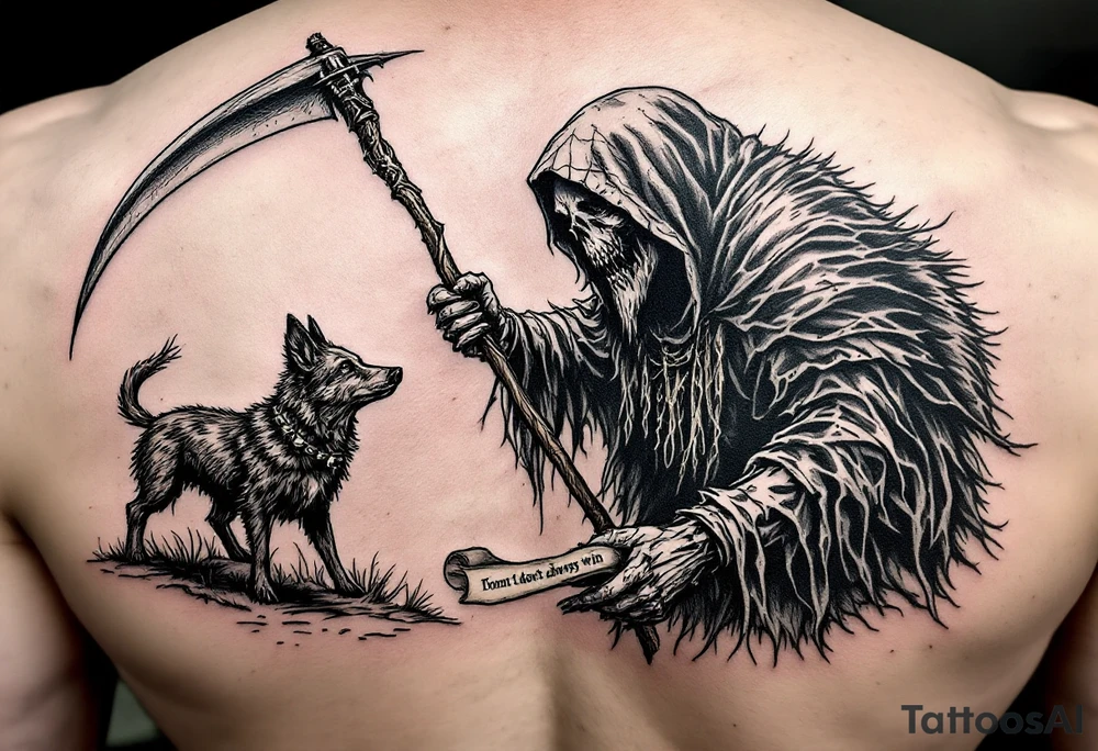 Grim reaper looking down on a hunting dog and big feral boar while holding a scythe and scroll. The scroll has the words “You dont always win” written on it tattoo idea