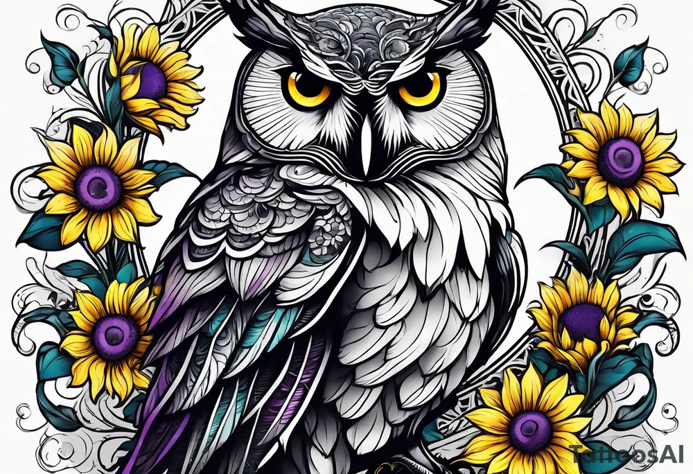 Black and white owl shaded teal, pink and purple surrounded by yellow sunflowers sleeve tattoo idea