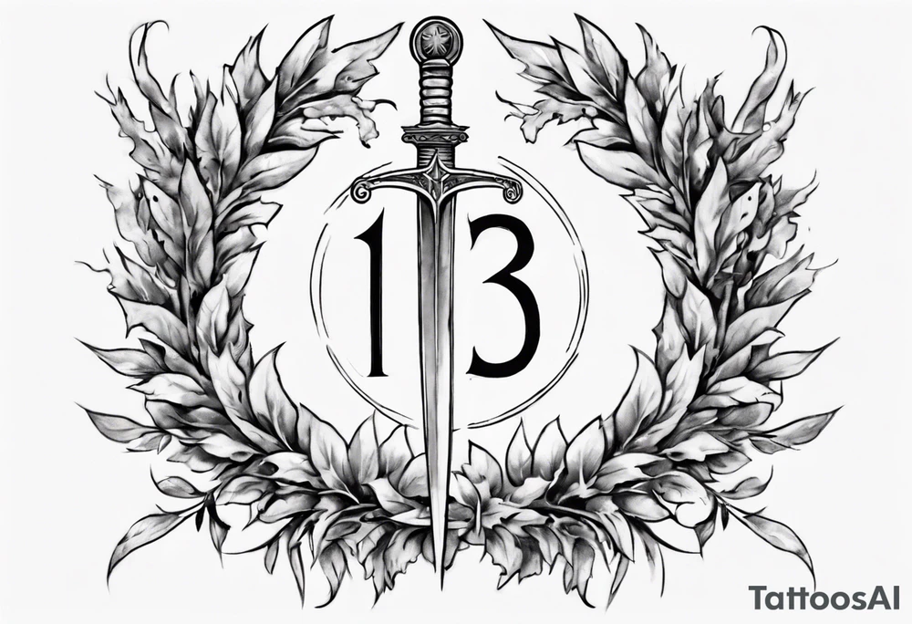 number 13 centered in a laurel leaf wreath and a sword going through the center of the wreath tattoo idea