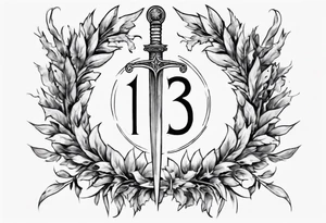 number 13 centered in a laurel leaf wreath and a sword going through the center of the wreath tattoo idea