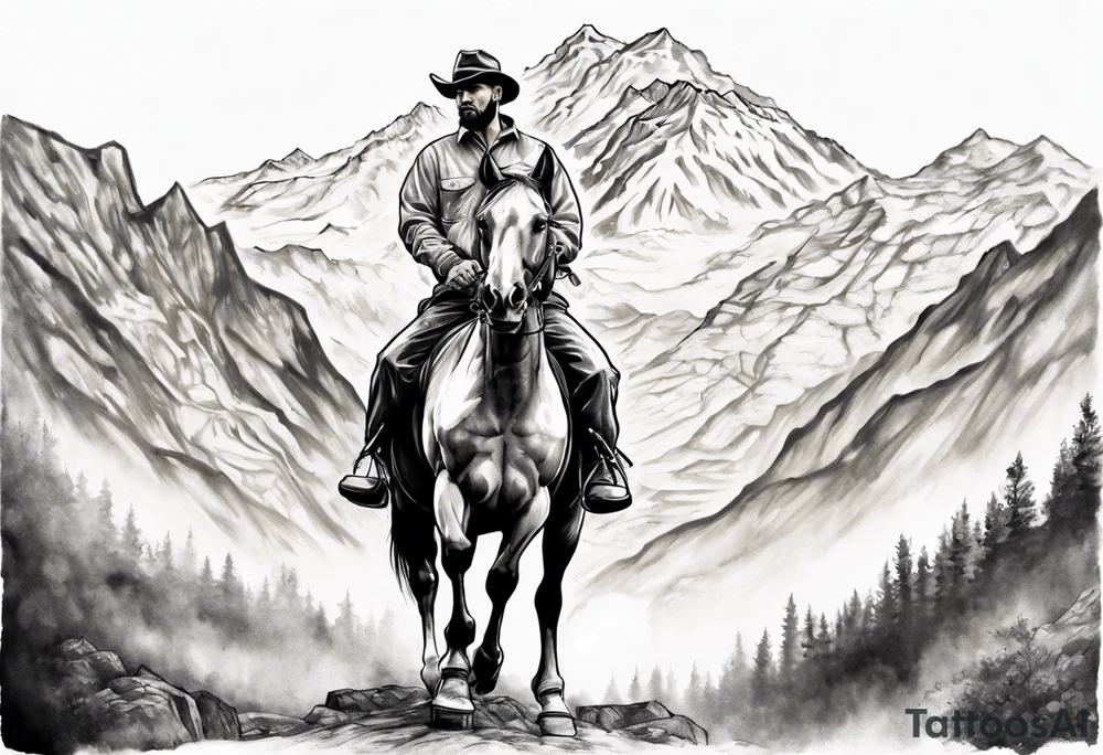 man on horse facing me, with mountain range behind him tattoo idea
