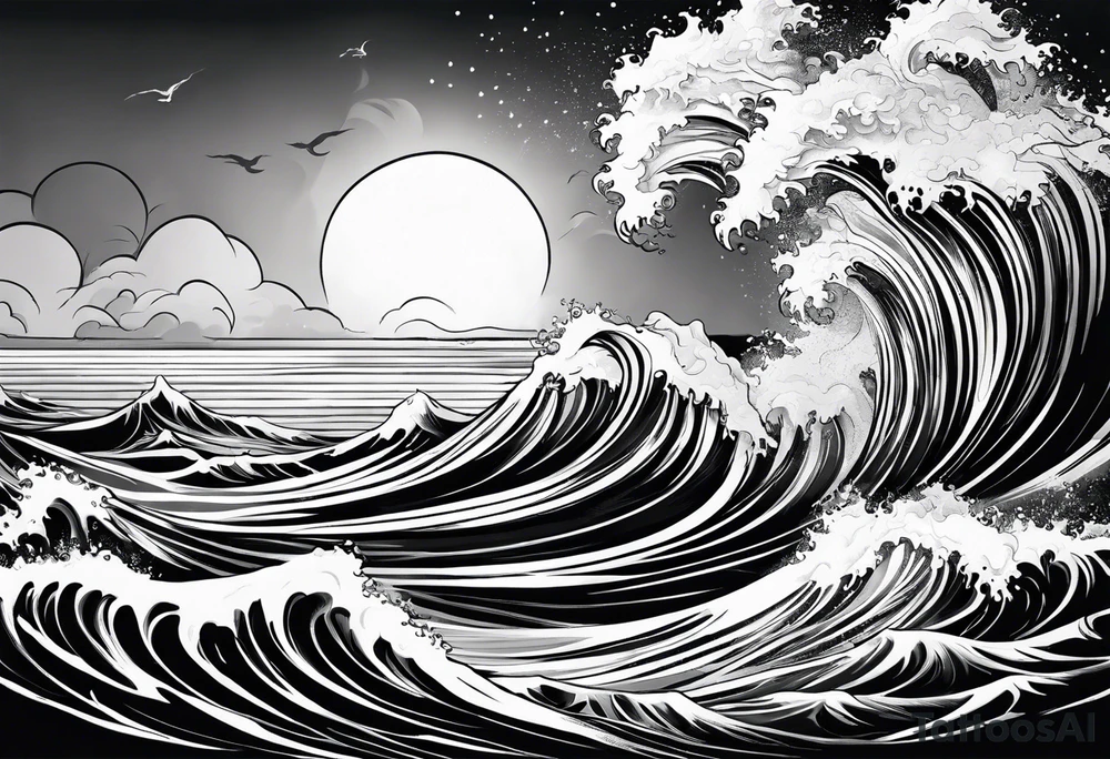 lighting with zeus showing strength and fear and the ocean waves tattoo idea