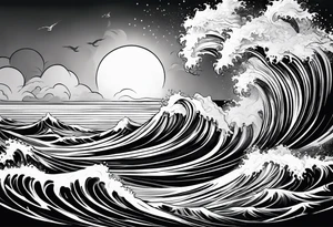lighting with zeus showing strength and fear and the ocean waves tattoo idea