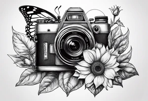 sunflower, camera, flower rose , book, butterfly tattoo idea