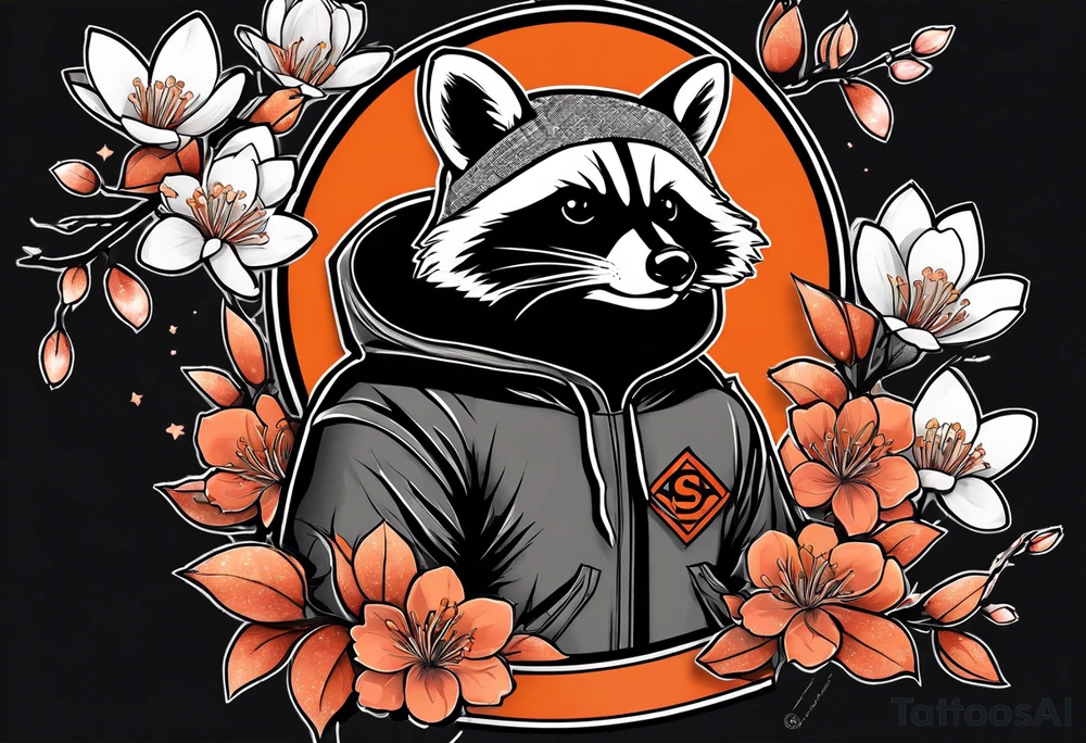 Raccoon wearing a white Superman logo on a black hoodie and orange Japanese cherry blossoms beside tattoo idea