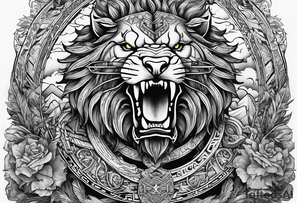 Valhalla sword shield  axe lion dragon 
Valknut  ruins tattoo idea