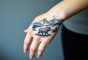 A full-sleeve with the Härjedalen landscape, reindeer, bear, lakes, mountains (Helags), tattoo idea