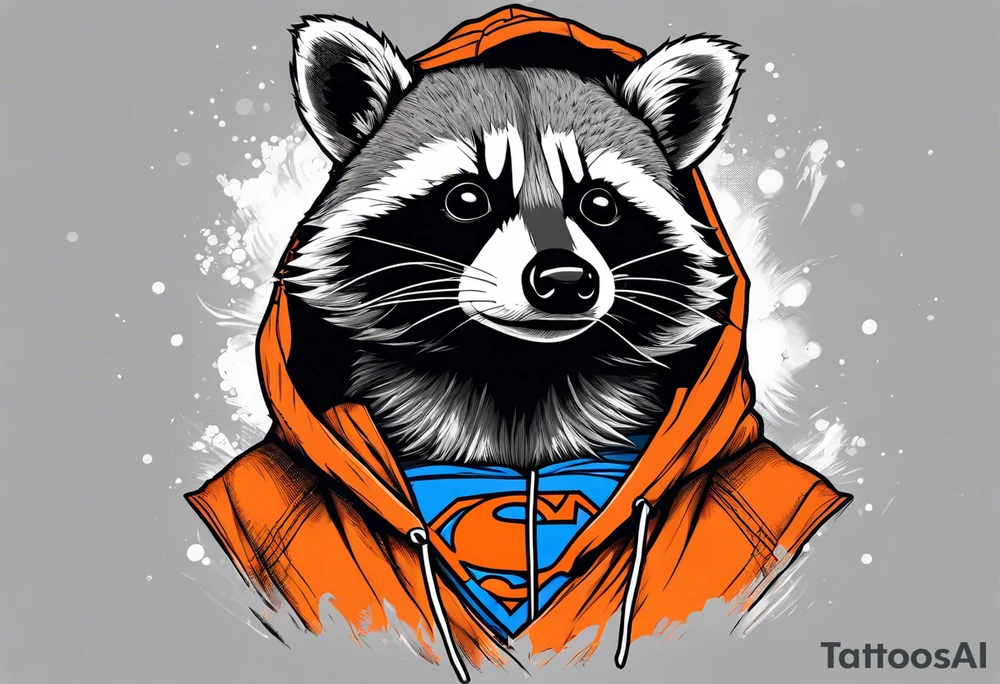 Raccoon wearing an orange Superman hoodie tattoo idea