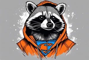 Raccoon wearing an orange Superman hoodie tattoo idea