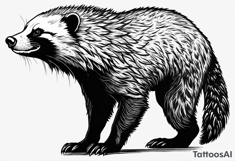 honey badger climbing over, claws near head, gentle face, legs hanging on trying to get over tattoo idea