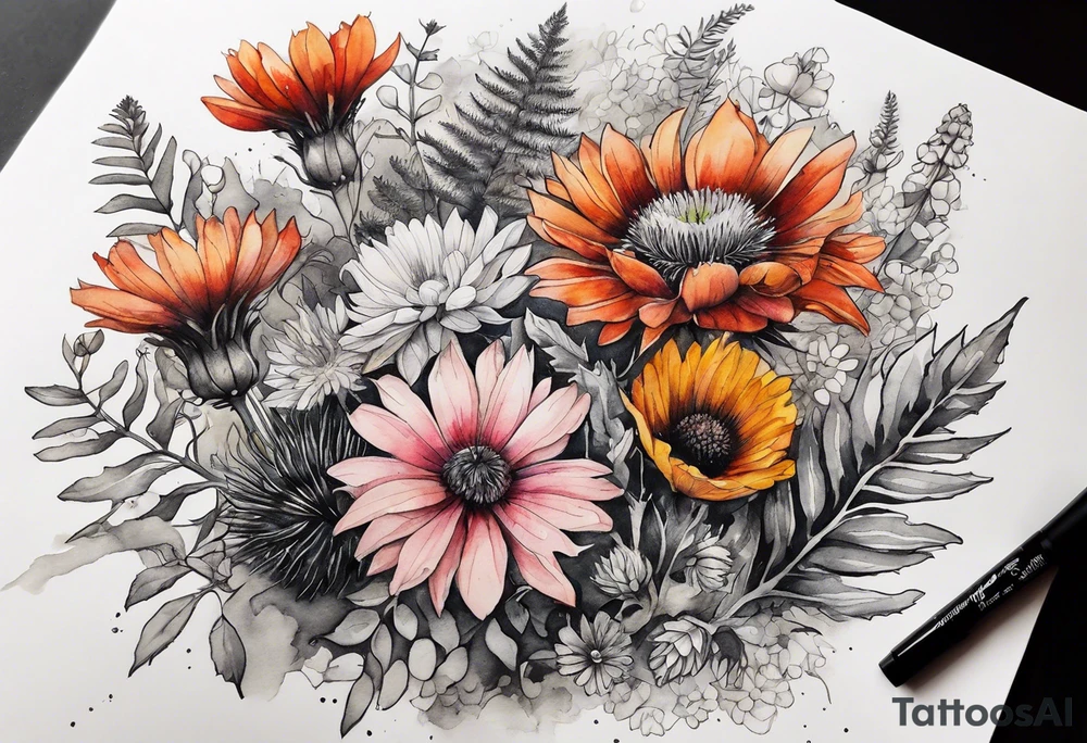 wildflowers with thistles, ferns, burnt orange flower, white flowers, pink flowers, red flowers and yellow flowers all in watercolor tattoo idea