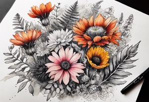 wildflowers with thistles, ferns, burnt orange flower, white flowers, pink flowers, red flowers and yellow flowers all in watercolor tattoo idea