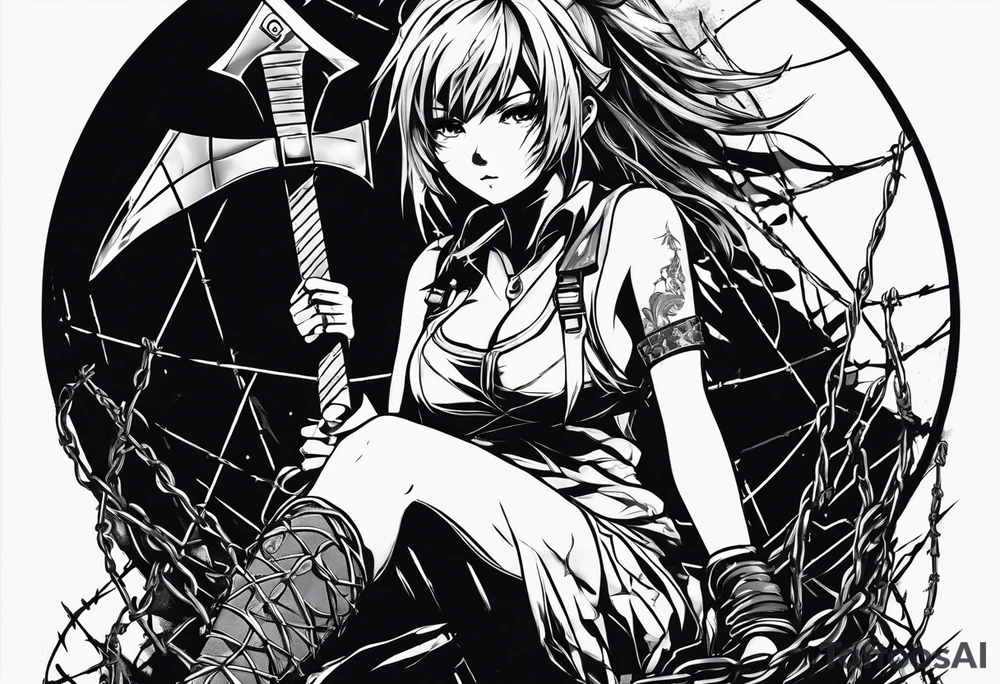 a bleeding anime girl holding an axe, sitting on a ball, surrounded by barbed wire tattoo idea