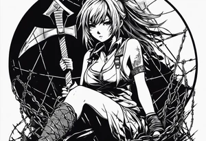a bleeding anime girl holding an axe, sitting on a ball, surrounded by barbed wire tattoo idea