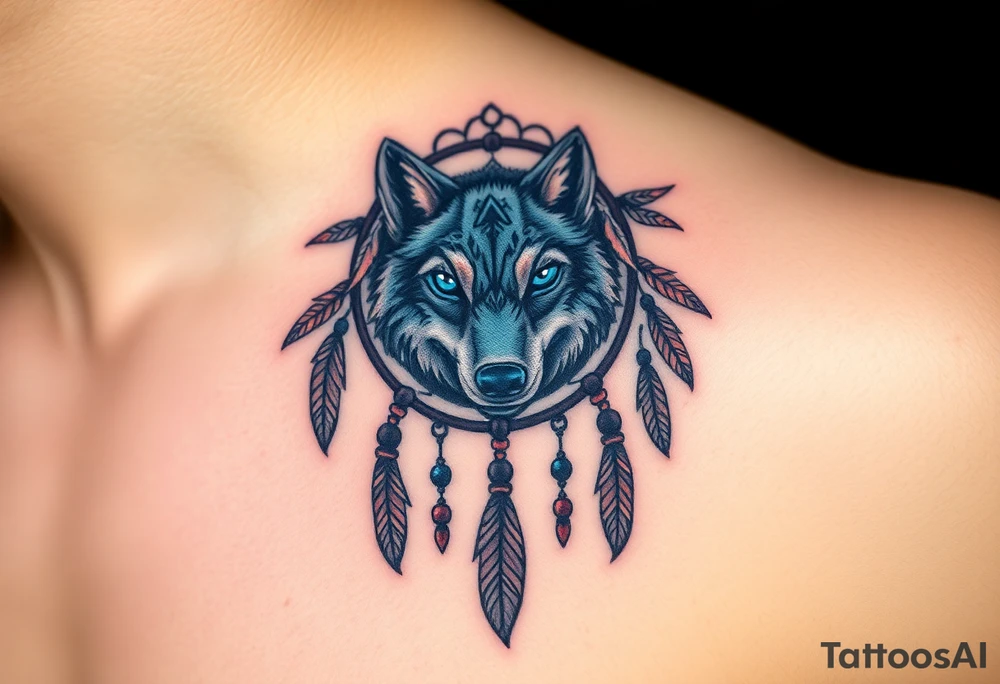 A detailed dreamcatcher with a wolf’s head in the center, surrounded by swirling feathers and beads. The wolf’s eyes glow in bright blue, with soft earth tones in the feathers tattoo idea