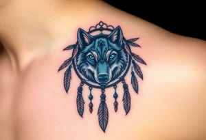 A detailed dreamcatcher with a wolf’s head in the center, surrounded by swirling feathers and beads. The wolf’s eyes glow in bright blue, with soft earth tones in the feathers tattoo idea