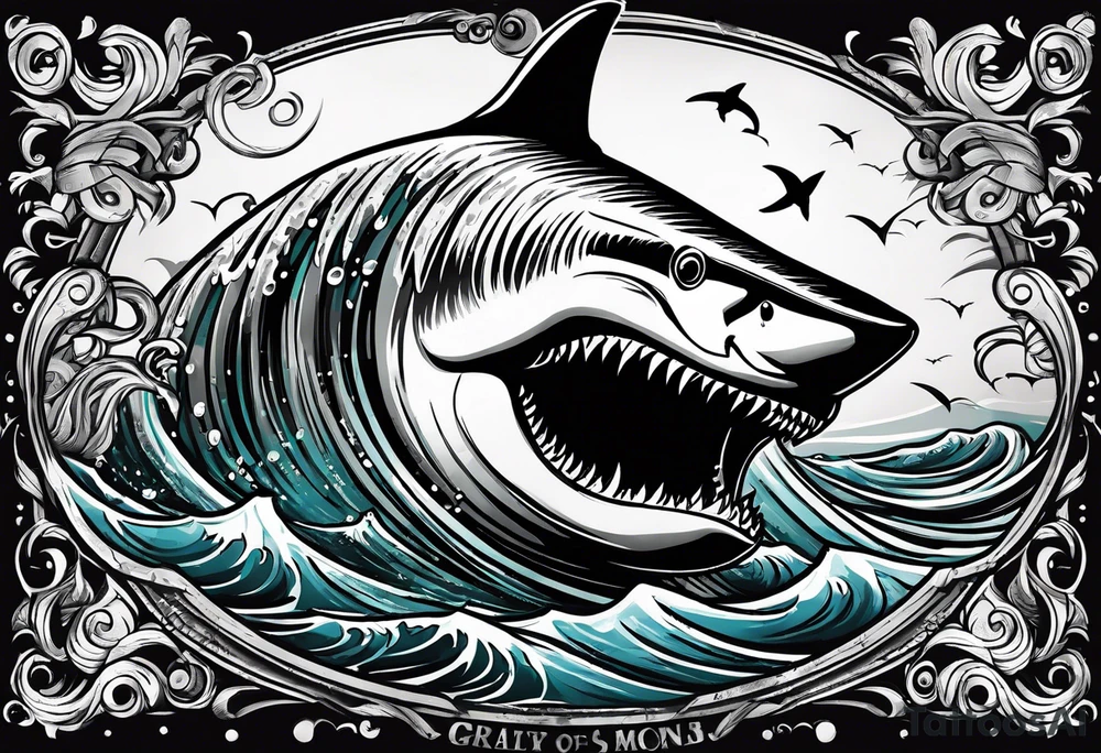 megalodon ni text vertically with the shark and the water wrapping around the text tattoo idea