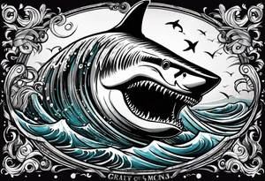 megalodon ni text vertically with the shark and the water wrapping around the text tattoo idea