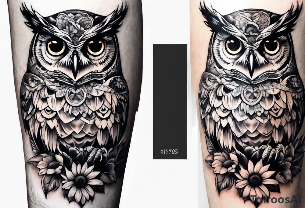Small owl with butterfly and sunflower leg sleeve tattoo idea
