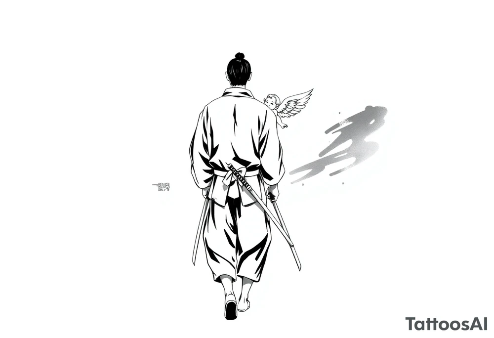 "Blackwork tattoo illustration of a samurai walking away, seen from behind. He wears traditional kimono and hakama with a tied belt, holding two katanas loosely in his hands. A small child angel with detailed feathered wings sits on his shoulder, looking gently toward him. Strong contrast, sumi-e ink splashes, dynamic black brush strokes, minimal background, emotional and symbolic atmosphere, high-detail linework, clean white space." tattoo idea