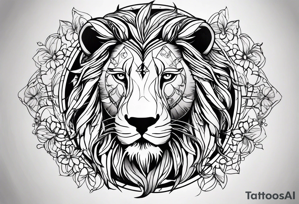 A tattoo in delicate style, so gentle. The zodiac sign, Leo. The sketch should include fire, something delicate like that, and the numbers 7 and 8. tattoo idea