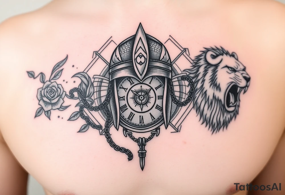 A detailed tattoo featuring a stylized warrior helmet with intricate textures and patterns. Behind it lies a shattered clock face with exposed gears and intertwined chains, symbolizing struggle with time and anxiety. Surrounding the helmet and clock are swirling smoke and wind patterns filled with fine details like leaves, feathers, and tribal motifs, representing resilience and growth. On one side, a blooming thorned rose or lotus flower symbolizes delicate strength and love. On the other side, a fierce roaring lion or wolf head embodies courage and protection. The background includes geometric shapes and dotwork to add depth and unify the design. The style combines bold linework with fine detail, dotwork, and shading for a powerful modern tattoo. tattoo idea