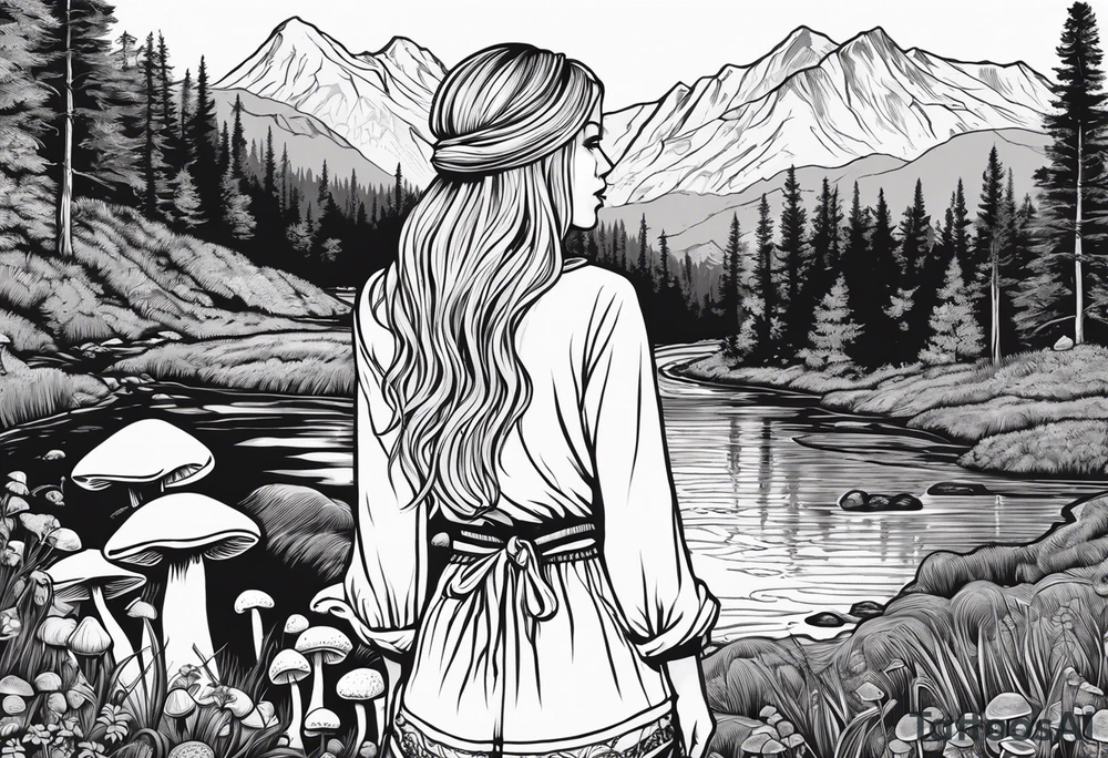 Whole picture encircled fully

Straight long blonde hair hippie girl in distance holding mushrooms in hand facing away toward mountains and creek surrounded by mushrooms long sleeve shirt and hiking pants; whole rendering within a full circle, no cut off circle tattoo idea
