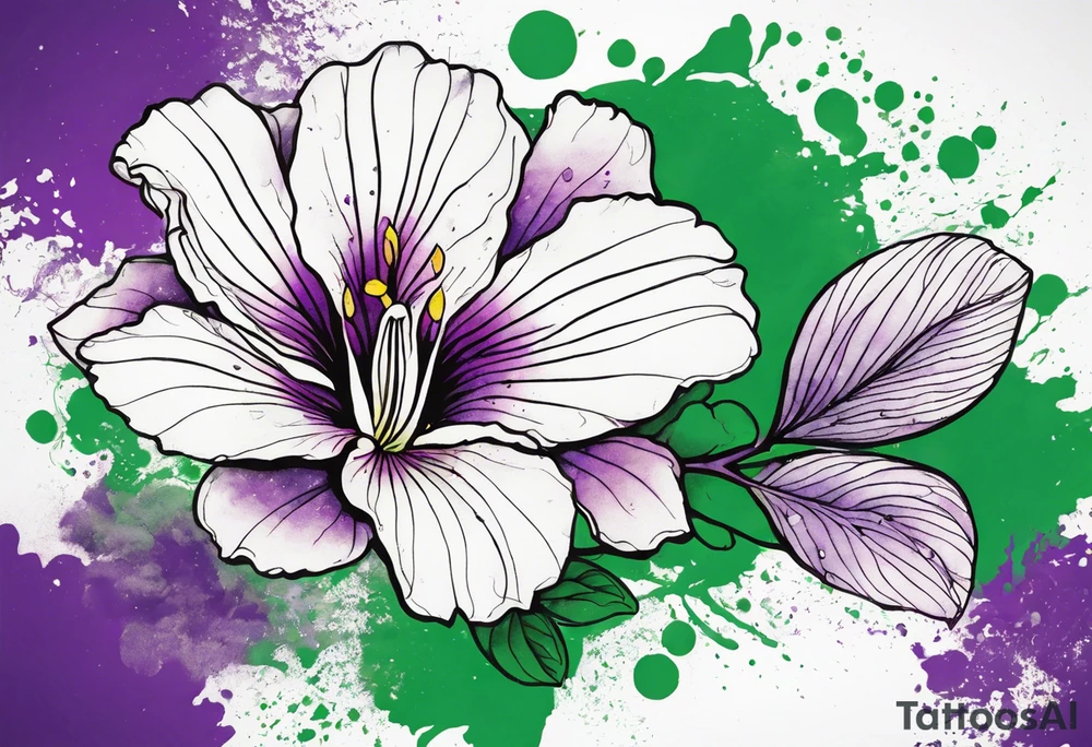 An outline of a rio dipladenia flower with a green and purple watercolor splatter in the background tattoo idea