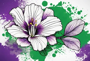 An outline of a rio dipladenia flower with a green and purple watercolor splatter in the background tattoo idea