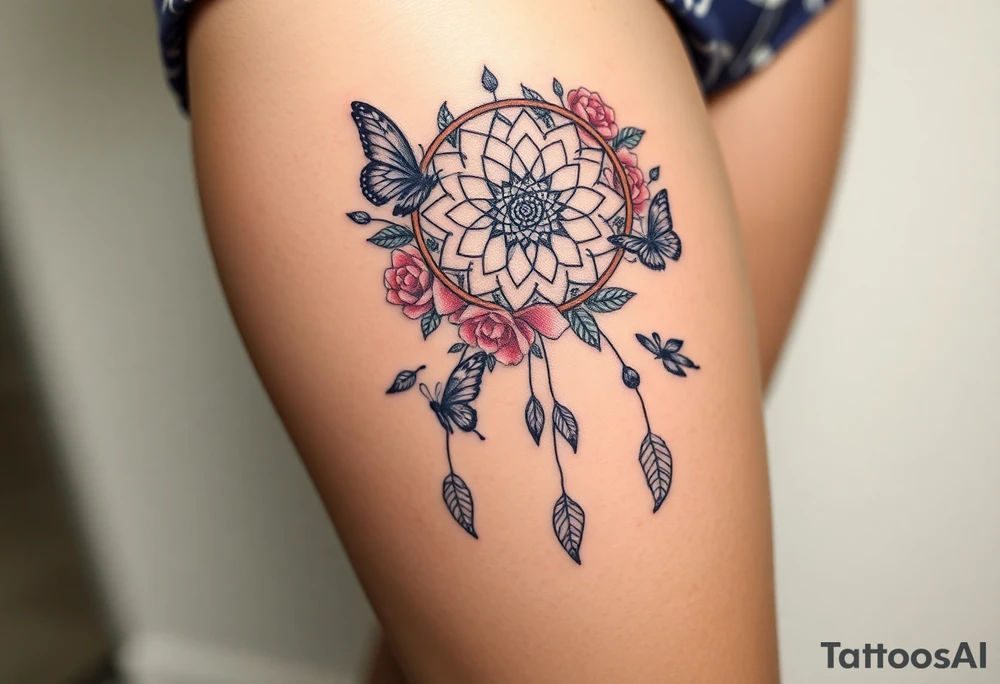 Dreamcatcher roses and butterflies tattoo idea
