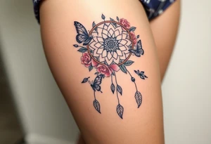 Dreamcatcher roses and butterflies tattoo idea