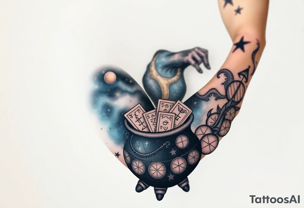 Milky way galaxy filled with zodiac symbols runes tarot cards coming out of a cauldron tattoo idea