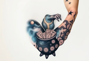 Milky way galaxy filled with zodiac symbols runes tarot cards coming out of a cauldron tattoo idea