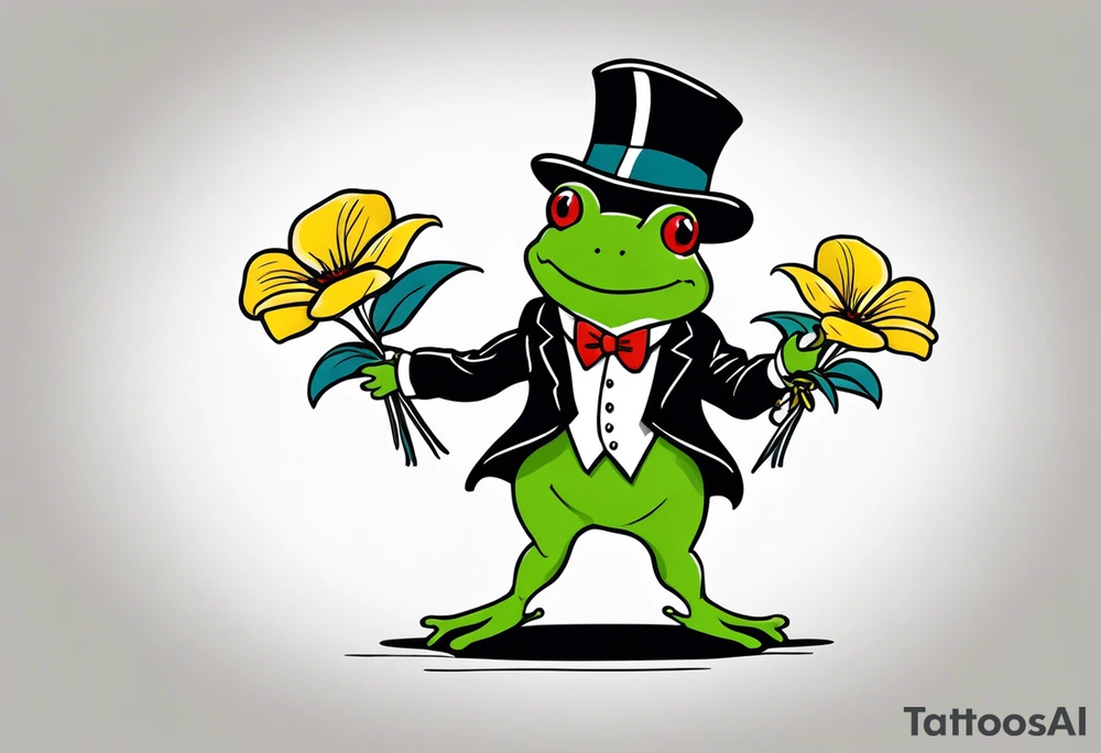Cute Frog wearing top hat and a suit standing on its Back legs while holding flowers tattoo idea