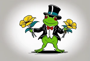 Cute Frog wearing top hat and a suit standing on its Back legs while holding flowers tattoo idea