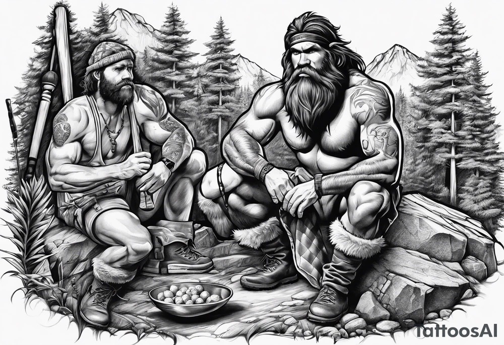 caveman weekend with cross, golf, bourbon, campfire and cabin tattoo idea