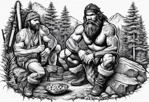 caveman weekend with cross, golf, bourbon, campfire and cabin tattoo idea
