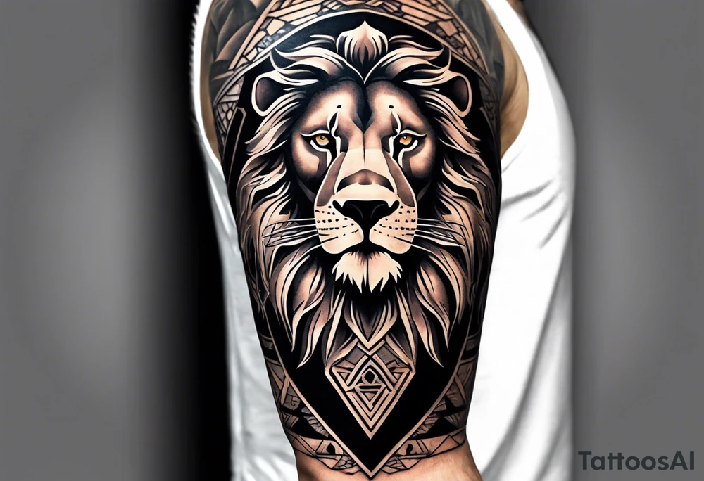 A full tattoo sleeve designed with a strong, masculine aesthetic, featuring a powerful lion as the centerpiece. The lion, symbolizing strength, courage, and leadership, is depicted with intricate detail and dynamic shading, capturing its fierce expression and majestic mane. Surrounding the lion, incorporate geometric patterns that add structure and contrast to the design. These patterns are bold and angular, creating a sense of order and symmetry that complements the natural form of the lion. The geometric elements are woven around the lion, emphasizing its central position while providing a modern, edgy backdrop. The shading throughout the sleeve is deep and dramatic, enhancing the contrast between the organic features of the lion and the precise lines of the geometric patterns. The overall design is bold, intense, and visually striking, combining the raw power of the lion with the clean, ordered aesthetic of geometric patterns for a cohesive and masculine tattoo sleeve. tattoo idea